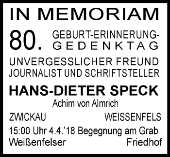 Traueranzeige von Hans-Dieter Speck von Mitteldeutsche Zeitung