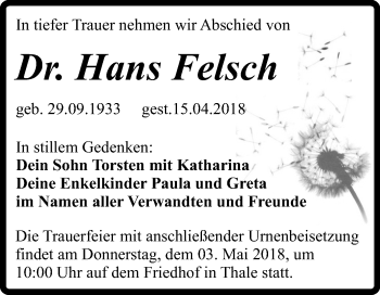 Traueranzeige von Hans Felsch von Mitteldeutsche Zeitung Quedlinburg