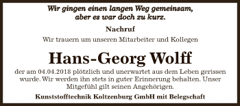 Traueranzeige von Hans-Georg Wolff von WVG - Wochenspiegel Dessau / Köthen