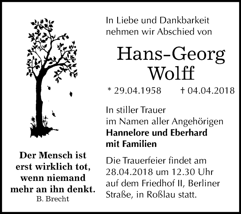  Traueranzeige für Hans-Georg Wolff vom 14.04.2018 aus Mitteldeutsche Zeitung