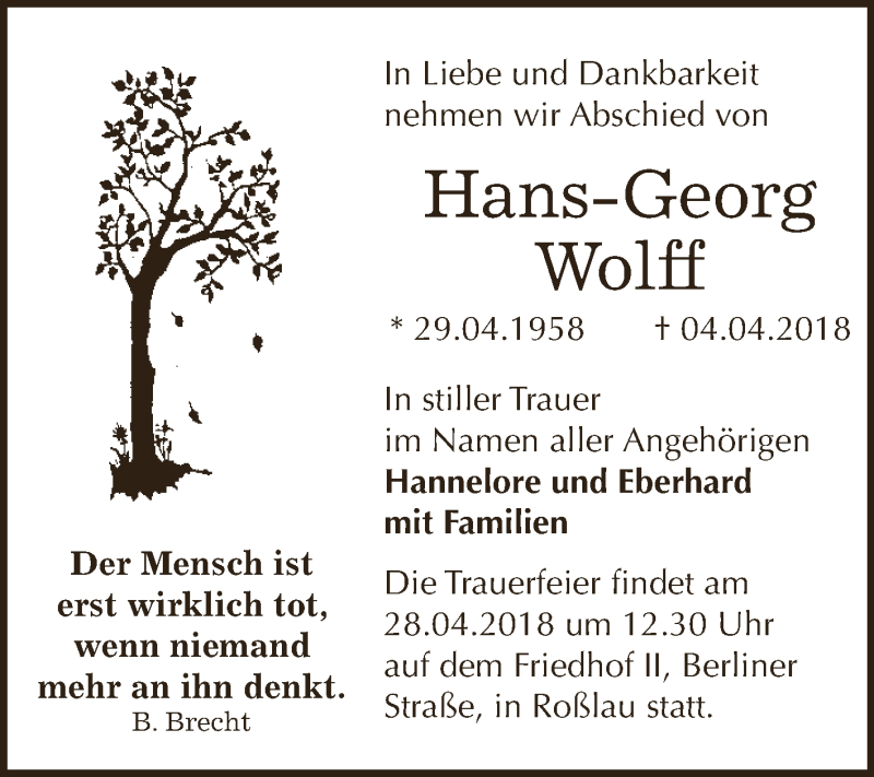  Traueranzeige für Hans-Georg Wolff vom 14.04.2018 aus WVG - Wochenspiegel Dessau / Köthen
