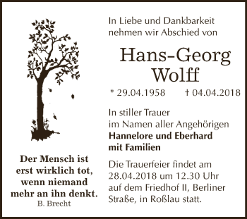 Traueranzeige von Hans-Georg Wolff von WVG - Wochenspiegel Dessau / Köthen