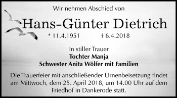Traueranzeige von Hans-Günter Dietrich von WVG - Wochenspiegel Quedlinburg