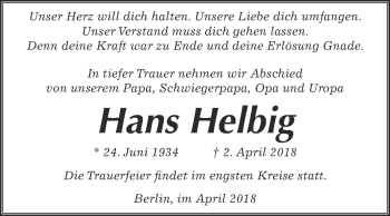 Traueranzeige von Hans Helbig von Super Sonntag Wittenberg