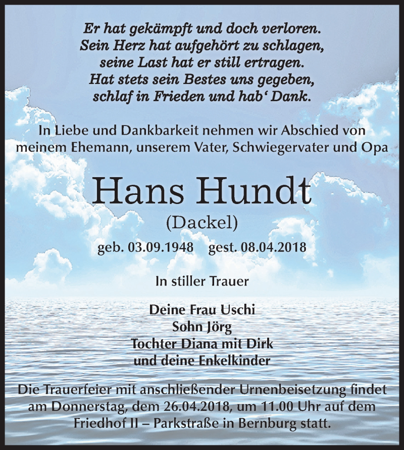  Traueranzeige für Hans Hundt vom 14.04.2018 aus Mitteldeutsche Zeitung Bernburg
