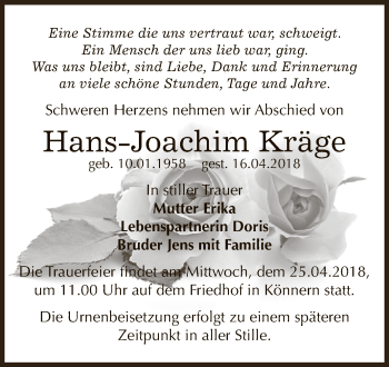 Traueranzeige von Hans-Joachim Kräge von Super Sonntag Bernburg