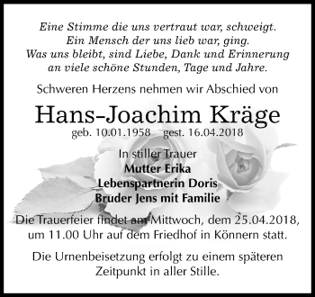 Traueranzeige von Hans-Joachim Kräge von Mitteldeutsche Zeitung Bernburg