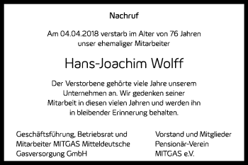 Traueranzeige von Hans-Joachim Wolff von Mitteldeutsche Zeitung Halle/Saalkreis