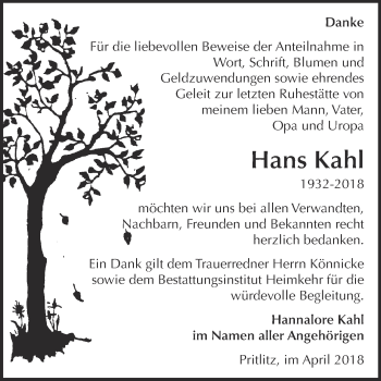 Traueranzeige von Hans Kahl von WVG - Wochenspiegel NMB / WSF / ZTZ