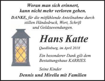 Traueranzeige von Hans Katte von WVG - Wochenspiegel Quedlinburg