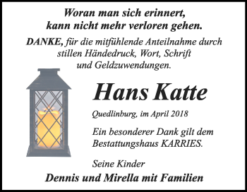 Traueranzeige von Hans Katte von Mitteldeutsche Zeitung Quedlinburg