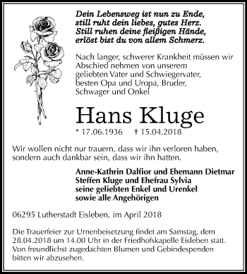 Traueranzeige von Hans Kluge von Mitteldeutsche Zeitung