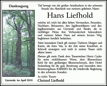 Traueranzeige von Hans Liefhold von Mitteldeutsche Zeitung Quedlinburg