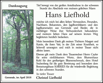 Traueranzeige von Hans Liefhold von WVG - Wochenspiegel Quedlinburg