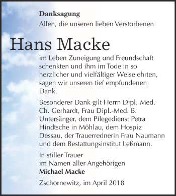 Traueranzeige von Hans Macke von WVG - Wochenspiegel Wittenberg