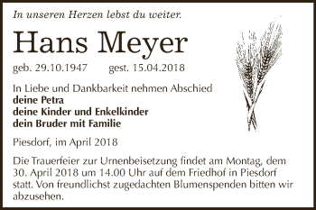 Traueranzeige von Hans Meyer von Super Sonntag Bernburg