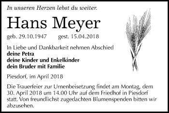 Traueranzeige von Hans Meyer von Mitteldeutsche Zeitung