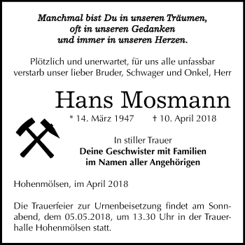 Traueranzeige von Hans Mosmann von Mitteldeutsche Zeitung Weißenfels