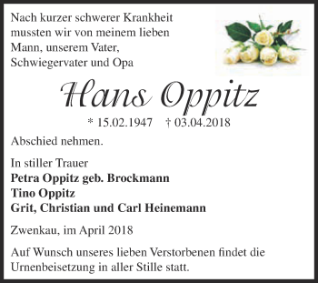 Traueranzeige von Hans Oppitz von Super Sonntag Zeitz
