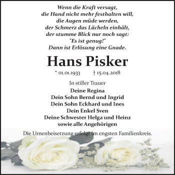 Traueranzeige von Hans Pisker von WVG - Wochenspiegel Bitterfeld