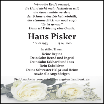 Traueranzeige von Hans Pisker von Mitteldeutsche Zeitung Bitterfeld