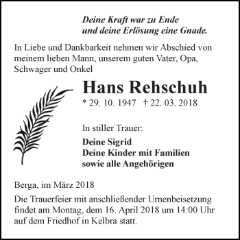 Traueranzeige von Hans Rehschuh von Super Sonntag SGH Mansf. Land