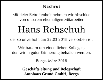 Traueranzeige von Hans Rehschuh von Mitteldeutsche Zeitung Sangerhausen