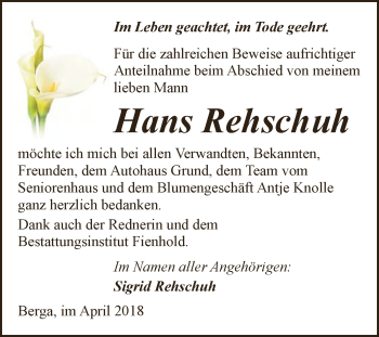 Traueranzeige von Hans Rehschuh von Super Sonntag SGH Mansf. Land