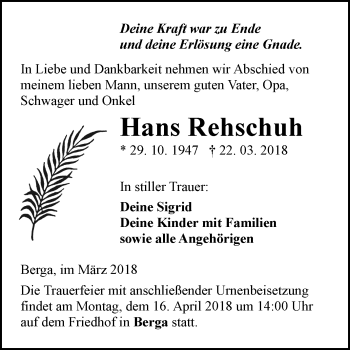 Traueranzeige von Hans Rehschuh von Mitteldeutsche Zeitung Sangerhausen