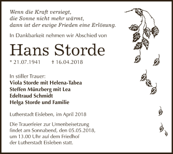 Traueranzeige von Hans Storde von Super Sonntag SGH Mansf. Land