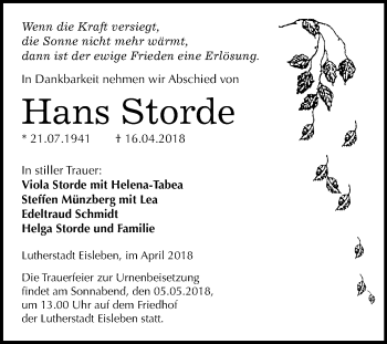 Traueranzeige von Hans Storde von Mitteldeutsche Zeitung