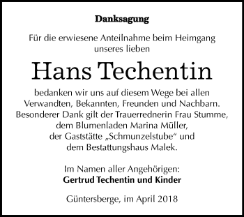 Traueranzeige von Hans Techentin von WVG - Wochenspiegel Quedlinburg