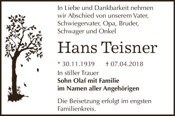 Traueranzeige von Hans Teisner von Super Sonntag Bernburg