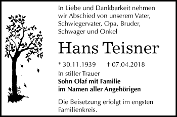 Traueranzeige von Hans Teisner von Mitteldeutsche Zeitung Bernburg