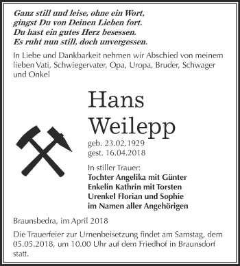 Traueranzeige von Hans Weilepp von WVG - Wochenspiegel Merseburg