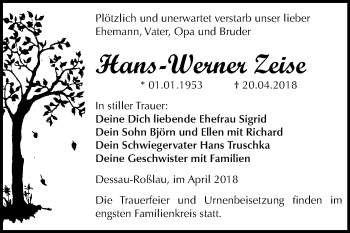 Traueranzeige von Hans-Werner Zeise von Mitteldeutsche Zeitung Dessau-Roßlau