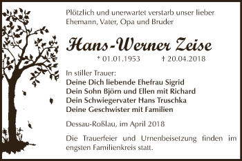 Traueranzeige von Hans-Werner Zeise von WVG - Wochenspiegel Dessau / Köthen