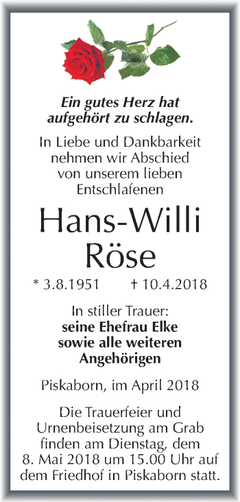 Traueranzeige von Hans-Willi Röse von Mitteldeutsche Zeitung