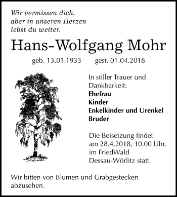 Traueranzeige von Hans-Wolfgang Mohr von Mitteldeutsche Zeitung Dessau-Roßlau