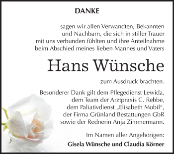 Traueranzeige von Hans Wünsche von Mitteldeutsche Zeitung Halle/Saalkreis
