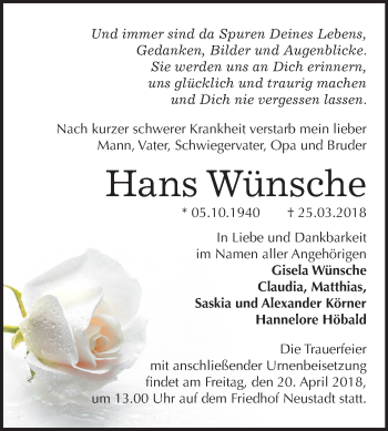 Traueranzeige von Hans Wünsche von Mitteldeutsche Zeitung Halle/Saalkreis