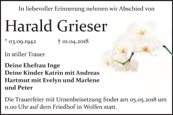 Traueranzeige von Harald Grieser von WVG - Wochenspiegel Bitterfeld