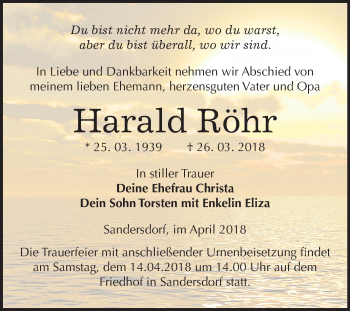 Traueranzeige von Harald Röhr von Mitteldeutsche Zeitung Bitterfeld