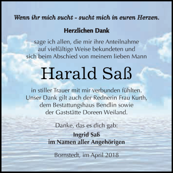 Traueranzeige von Harald Saß von Super Sonntag SGH Mansf. Land