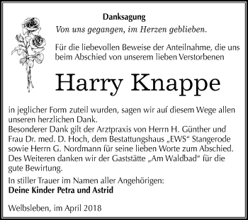 Traueranzeige von Harry Knappe von Mitteldeutsche Zeitung