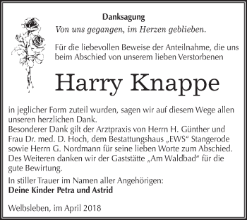 Traueranzeige von Harry Knappe von Super Sonntag SGH Mansf. Land