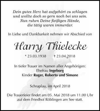 Traueranzeige von Harry Thielecke von WVG - Wochenspiegel Merseburg
