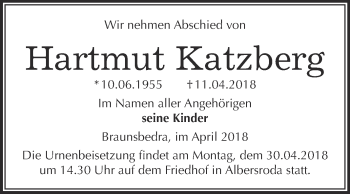 Traueranzeige von Hartmut Katzberg von WVG - Wochenspiegel Merseburg