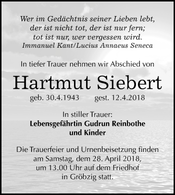 Traueranzeige von Hartmut Siebert von Mitteldeutsche Zeitung Köthen
