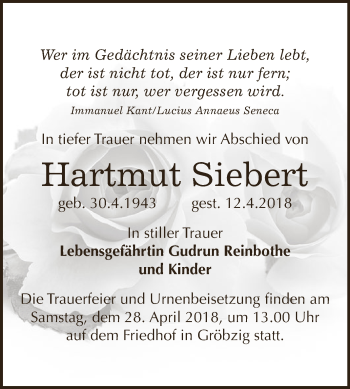 Traueranzeige von Hartmut Siebert von WVG - Wochenspiegel Dessau / Köthen